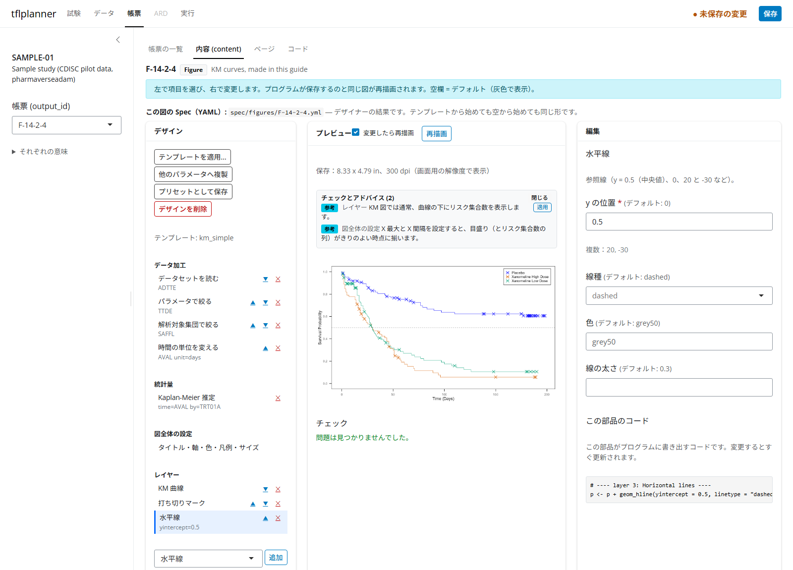 プロットデザイナー（帳票タブ > 内容。F-14-2-4 に km_simple を適用し、水平線を足したところ）